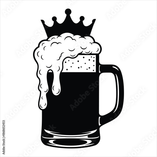 Beer mug with overflowing foam crown silhouette representing celebration, bar branding and Oktoberfest theme in black and white