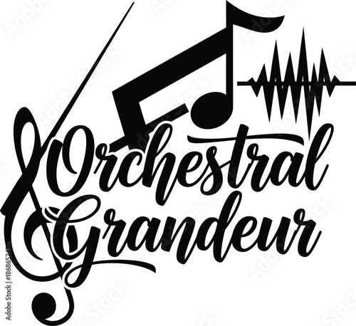 Orchestral Grandeur Notes Violin Sound Vector Black Hand Drawn Typography Logo Emblem Badge Icon Silhouette Vintage Retro Graphic Music Art Symphony Performance