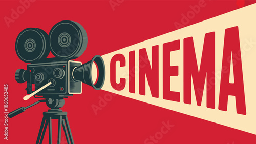 Classic old movie camera with film spools projecting a light beam forming the word CINEMA