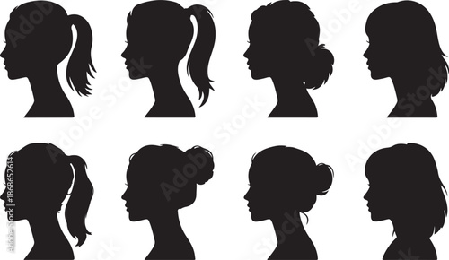 Woman heads in profile. Beautiful female faces profiles, black silhouette outline avatars, anonymous portraits with hairstyle vector set