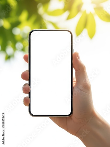 Hand holding modern smartphone against green leaves