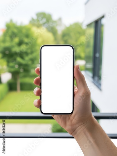 Hand holding smartphone near window overlooking garden