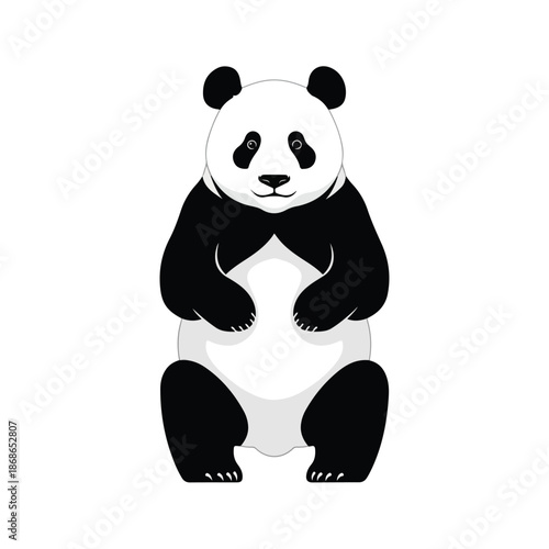 A cute baby panda bear character eating bamboo in a wild China nature setting, featuring a fun cartoon vector illustration design of the iconic black and white Asian mammal