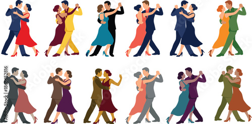 Elegant ballroom dancing couple illustration set, tango waltz partners in colorful dresses for romantic event design vector posters