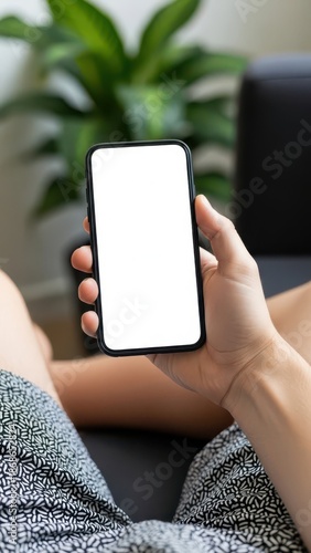 Person holding blank smartphone screen in relaxed environment
