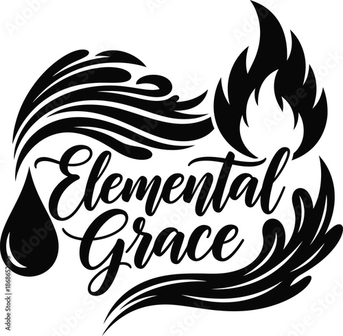 Elemental Grace Flame Water Drop Vector Black Hand Drawn Typography Logo Emblem Badge Icon Silhouette Vintage Retro Graphic Nature Balance Energy Spiritual