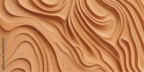 An artistic wood carving with undulating wave pattern. The wooden surface displays rich textures and fluid shapes.