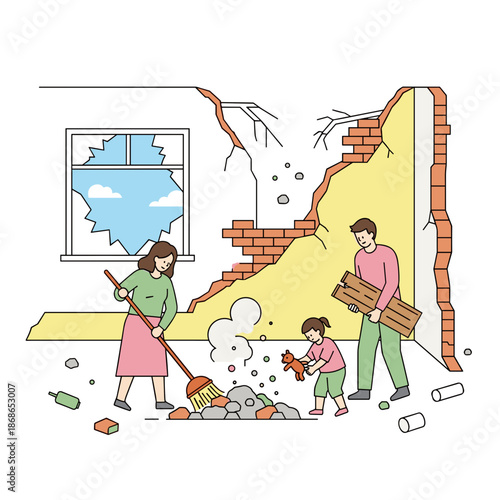 Family cleaning rubble in damaged room after disaster recovery  