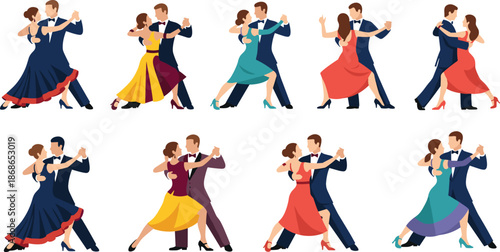 Elegant dancing couple illustration set, ballroom tango waltz dancers in romantic poses for event fashion design vector