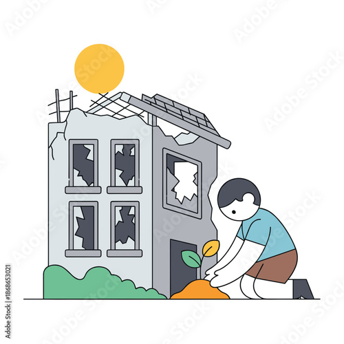 Child planting a sapling near a dilapidated house under sunlight  