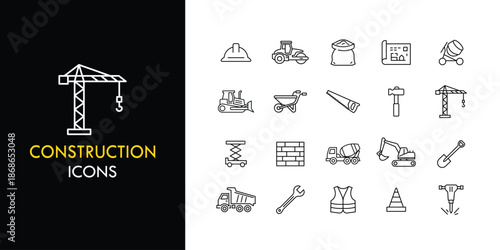 Construction line icon set, outline web icon collection containing Crane, Helmet, Tools and more, vector illustration in line style