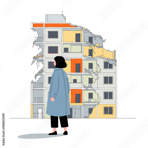 Woman standing in front of damaged building with exposed structure  