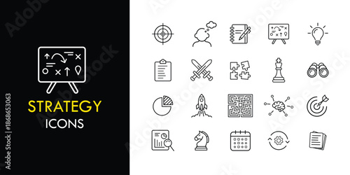 Strategy line icon set, outline web icon collection containing Planning, Goal, Chess and more, vector illustration in line style