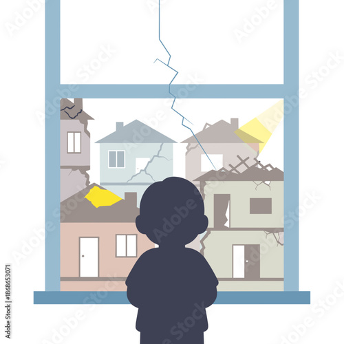Child looking out of window at damaged houses after disaster  