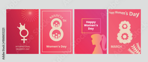 Vector set of four modern International Women's Day greeting cards celebrating March 8th, female power, equality, and solidarity on vibrant pink gradients.
