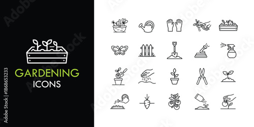Gardening line icon set, outline web icon collection containing Plants, Watering Can, Pruning and more, vector illustration in line style