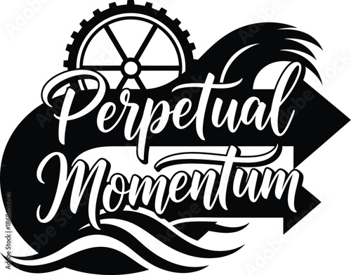 Perpetual Momentum Gears Rocket Launch Vector Black Hand Drawn Typography Logo Emblem Badge Icon Silhouette Vintage Retro Graphic Progress Industrial Technology