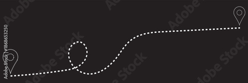 Simple black icon depicting a route between two locations, represented by map pointers connected by a dotted line. Ideal for navigation, travel, or location-based apps.