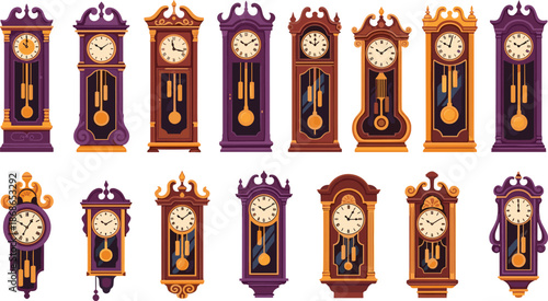 Vintage grandfather wall clock illustration set with ornate classic pendulum clocks for antique interior decor design vector