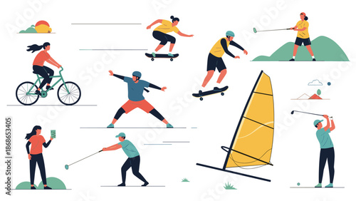 Diverse collection of active individuals participating in various sports and outdoor activities like cycling, golfing, and skateboarding.