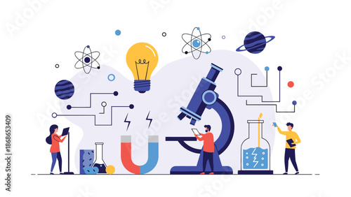 Group of scientists and researchers exploring new ideas and scientific discoveries with a large microscope and laboratory tools.