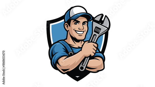 Confident male plumber or repairman with a happy grin holding a wrench inside a stylized shield icon