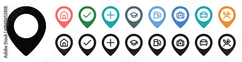 Collection of map pin icons with various symbols and colors vector illustration