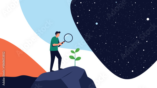 Curious explorer using a magnifying glass to study a small plant on a rocky hill against a vast starry space background.