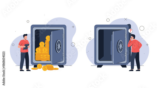 Comparison of financial states showing a man with a safe full of coins and another man confused by his empty safe.
