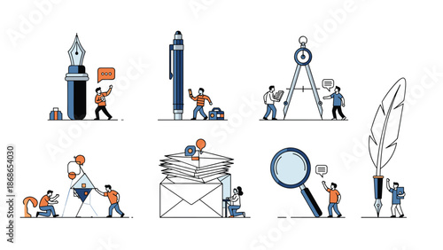 Collection of scenes showing people interacting with giant pens, magnifiers, compasses, and envelopes for creative tasks.