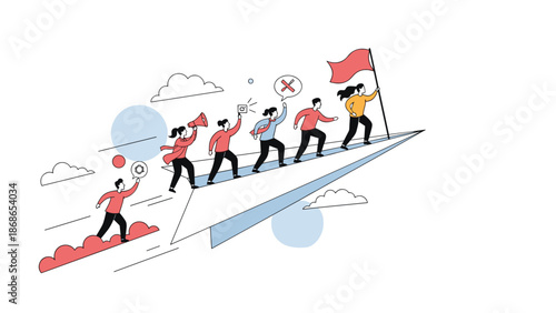 Group of business professionals flying on a giant paper airplane toward success led by a woman holding a red flag.
