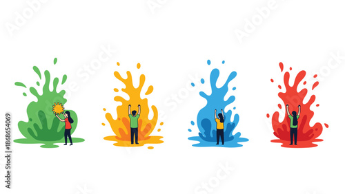 Artistic expression concept showing people interacting with large colorful splashes of paint representing creativity and joy.