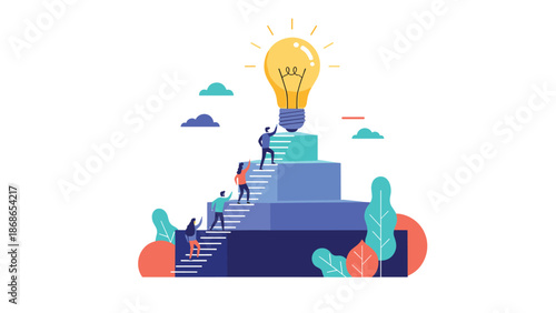 Team of professionals climbing stairs on a stepped pyramid toward a giant light bulb symbolizing the path to innovation.