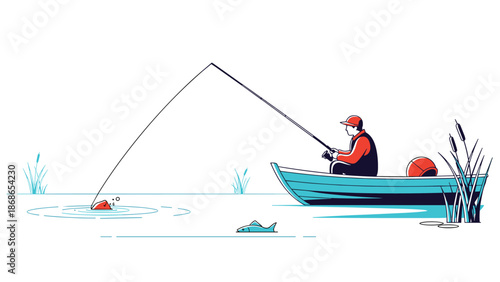 Determined fisherman successfully catching a fish while sitting in a blue boat on a calm lake with reeds nearby.