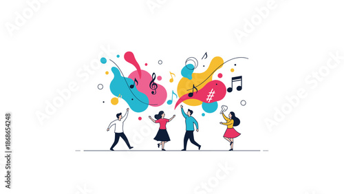 Joyful group of people dancing and celebrating together among vibrant colorful shapes and floating musical notes.