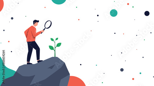 Focused researcher using a magnifying glass to examine a small growing plant on a rocky hill in a minimalist landscape.