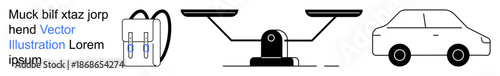 Education tools, mobility, balance concepts, comparison, transportation, utility. Minimal backpack, balance scale and compact car icons in black and white. Balance and transportation concepts