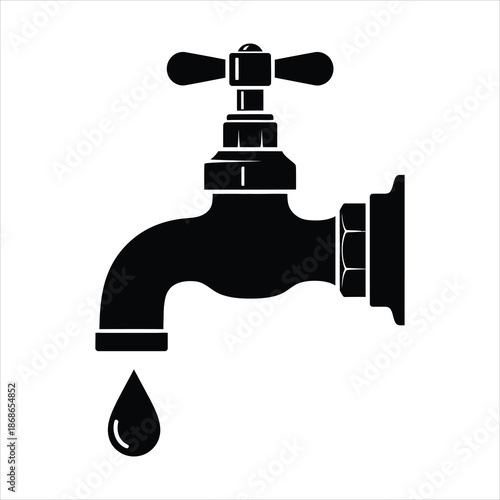 Beer tap faucet silhouette with dripping drop representing draft beer, bar equipment and hospitality industry in black and white