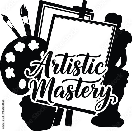 Artistic Mastery Palette Brush Canvas Vector Black Hand Drawn Typography Logo Emblem Badge Icon Silhouette Vintage Retro Graphic Artist Studio Creative Expression