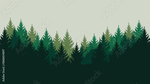 Dense green pine tree forest silhouettes create a peaceful natural vista under a soft, light sky