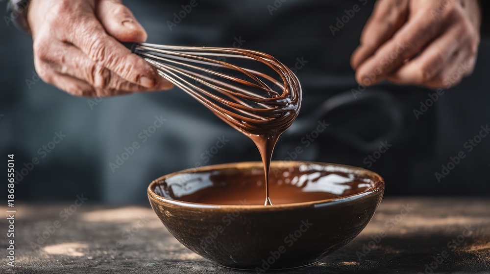 Fototapeta premium Elderly caucasian male mixing rich chocolate ganache in rustic kitchen.