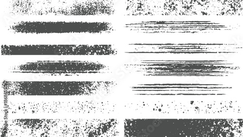 Multiple horizontal grunge brush stroke textures and splatter patterns in dark gray on a white background offering versatile abstract and background options