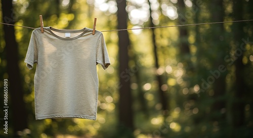 Wallpaper Mural A white t-shirt hangs from a clothesline with clothespins in a sunny forest with tall trees and blurred greenery in the background. Torontodigital.ca