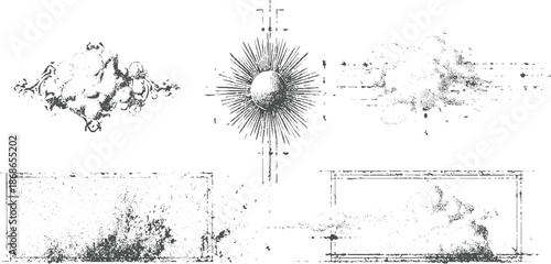 Ornate vintage decorative including a sunburst emblem and cloud motifs with distressed textured frames for and scrapbooking