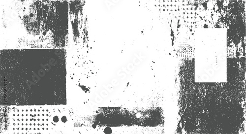 Collage of abstract grunge including splatters, dots, and textured blocks in dark gray and white for a dynamic background