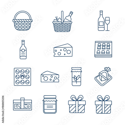 Food and Drink Icons: Picnic Basket, Wine, Cheese, Chocolate, Jam, Gift Box