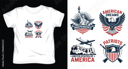 American independence day t-shirt design with statue of liberty bald eagle mount rushmore and patriots symbols