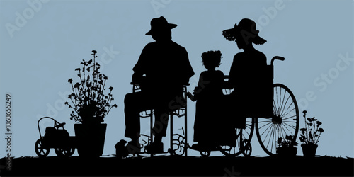 Silhouette of elderly couple with grandchild in wheelchair