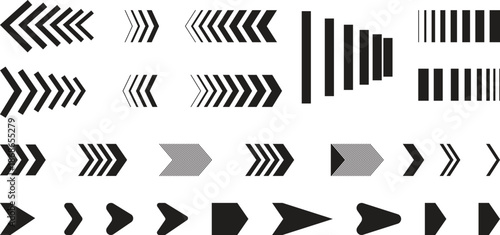 Set of black geometric speed arrows and chevron pointers for modern navigation design