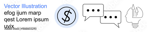 Finance management, business solutions, communication tools, creative problem-solving, innovative thinking, technology. Dollar symbol, speech bubbles human head with arrows. Finance